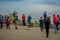 SANTIAGO, CHILE - OCTOBER 16, 2018: Group of tourists enjoying the gorgeous view from Cerro San Cristobal in Santiago de