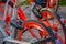 SANTIAGO, CHILE - SEPTEMBER 13, 2018: Close up of selective focus of wheel bike parked at outdoors of the city in