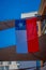 SANTIAGO, CHILE - SEPTEMBER 13, 2018: Outdoor view of Chilean flag hanging from a building and waving in a gorgeous