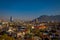 SANTIAGO, CHILE - SEPTEMBER 13, 2018: Outdoor view of Skyline of Santiago de Chile at the foots of The Andes Mountain