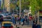 SANTIAGO, CHILE - SEPTEMBER 13, 2018: Outdoor view of Traffic flow on streets of Santiago with crowd of people walking