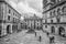 Santiago de Compostela Cathedral in Praterias Square with the Fountain of Horses in Santiago de Compostela, Galicia, Spain