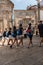 Santiago de Compostela, Spain. august 5, 2022: thousands of young pilgrims dance in arrive in Santiago