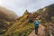 Santo Antao Island Cape Verde. Tourist girl with backpack walking down along the trekking route to verdant Xo-Xo valley