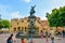 Santo Domingo, Dominican Republic. Famous Christopher Columbus statue and Cathedral Santa MarÃ­a la Menor in Columbus Park.