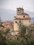 Santo Stefano Magra church and houses in Lunigiana area of Italy in La Spezia province. Vertical shot. Wintry day.