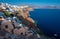 Santorini architectural detail and panoramic view on Fira and Oia town in summer traveling time