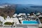 Santorini architectural detail and panoramic view on Fira and Oia town in summer traveling time