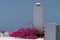 Santorini architectural detail and panoramic view on Fira and Oia town in summer traveling time