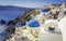 Santorini blue dome churches and chimney, Greece