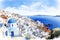 Santorini, Greece. AI generated waterwashed illustration, painting style, famous whitewashed village of Oia