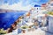 Santorini, Greece. AI generated waterwashed illustration, painting style, famous whitewashed village of Oia