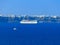 Santorini, Greece. The beautiful view of marina with cruise ship