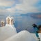 Santorini, Greece. Conceptual composition of the famous architecture of Santorini island. White bell arch and blue sea view with