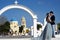 Santorini, Greece September 20 2018, Wedding poses near the church of Saint George