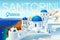 Santorini island  Greece. Beautiful traditional white architecture and Greek churches with blue domes.
