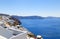 Santorini island, Greece: Landmark detail of terrace decorated with flowers over the caldera Caldera