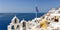 Santorini island holidays in Greece travel traveling Oia town Mediterranean Sea and church Santorin panorama