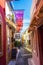 Santorini narrow commercial street in Fira Cyclades Greece