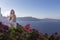 Santorini - Oia, a picturesque pink church tower built at the foot of a caldera, overgrown with pink oleander flowers. in the