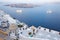 Santorini - The outlook from Fira to caldera with the Nea Kameni Island in morning