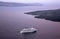 Santorini - The outlook over the Imerovigili to caldera with the cruises and Nea Kameni Island in morning