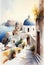 Santorini watercolor, Greece. AI generative. Travel