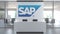 SAP logo above reception desk in the modern office, editorial conceptual 3D rendering