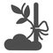 Sapling sprout tied to prop solid icon, gardening concept, plant tied to stick vector sign on white background, glyph