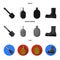 Sapper blade, hand grenade, army flask, soldier boot. Military and army set collection icons in black, flat, monochrome