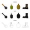 Sapper blade, hand grenade, army flask, soldier boot. Military and army set collection icons in cartoon,black,outline