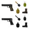 Sapper blade, hand grenade, army flask, soldier boot. Military and army set collection icons in cartoon,black style