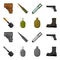 Sapper blade, hand grenade, army flask, soldier boot. Military and army set collection icons in cartoon,monochrome style