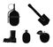Sapper blade, hand grenade, army flask, soldier`s boot. Military and army set collection icons in black style vector