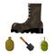 Sapper blade, hand grenade, army flask, soldier`s boot. Military and army set collection icons in cartoon style vector