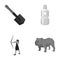 Sapper shovel, tooth elixir and other monochrome icon in cartoon style. ancient hunter, English bulldog icons in set