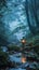 Sapphire-lit beacon guiding travelers along a forest stream, misty morning, enchanting, close-up view, dynamic lighting