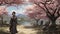 Sarah\\\'s Serene Stroll: Oriental Robe Amidst Cherry Blossoms