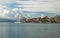 Saranda city port at ionian sea. Albania. Sarande. Beautuful view, white ship, yacht, sea, clouds in the sky