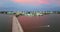 Sarasota city, Florida at sunset with waterfront office highrise buildings and John Ringling Causeway leading from