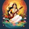 Saraswati devi Goddess, Happy Vasant Panchami Indian festival, Goddess Maa Saraswati. Ai Generated