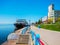 Saratov / Russia - May 2, 2018: Four-deck ship `General Lavrinenkov` at the pier in the city of Saratov. Volga river