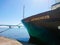 Saratov / Russia - May 2, 2018: Four-deck ship `General Lavrinenkov` at the pier in the city of Saratov. Volga river. Road bridge