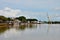 Sarawak river with modern bridge and cruise ship Kuching Borneo Malaysia