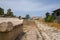 A sarcophagus and the Byzantine road. Al-Bass Tyre necropolis. Roman remains in Tyre. Tyre is an ancient Phoenician city. Tyre,