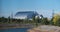 Sarcophagus Chernobyl, fourth reactor, shelter. Metal hangar, view from a moving bus on a tour