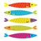 Sardine colorful fish icon set. Iwashi. Sardina pilchardus. Cute cartoon character. Anchovy pilchard. Water animal. Marine life. F