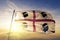 Sardinia -Sardegna region of Italy flag textile cloth fabric waving on the top sunrise mist fog