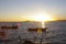 Sardinia. Southwestern coast.  The Gulf of Palmas. Fishing boats at sunset. Video