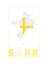 Sark Logo. Map of Sark with island name and flag.